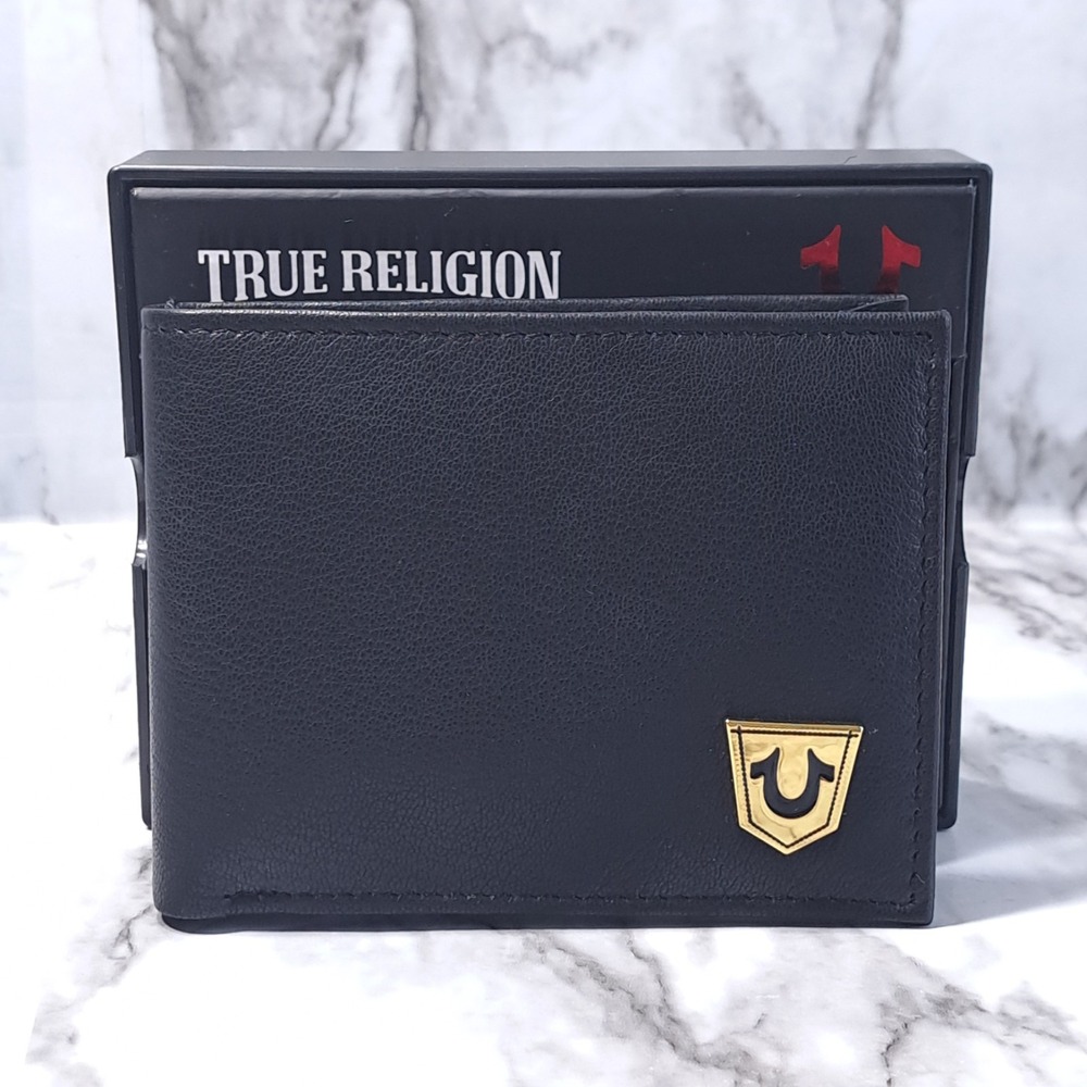 True Religion Men's Leather Bifold Wallet Black With Desk Valet RFID‎ Protection